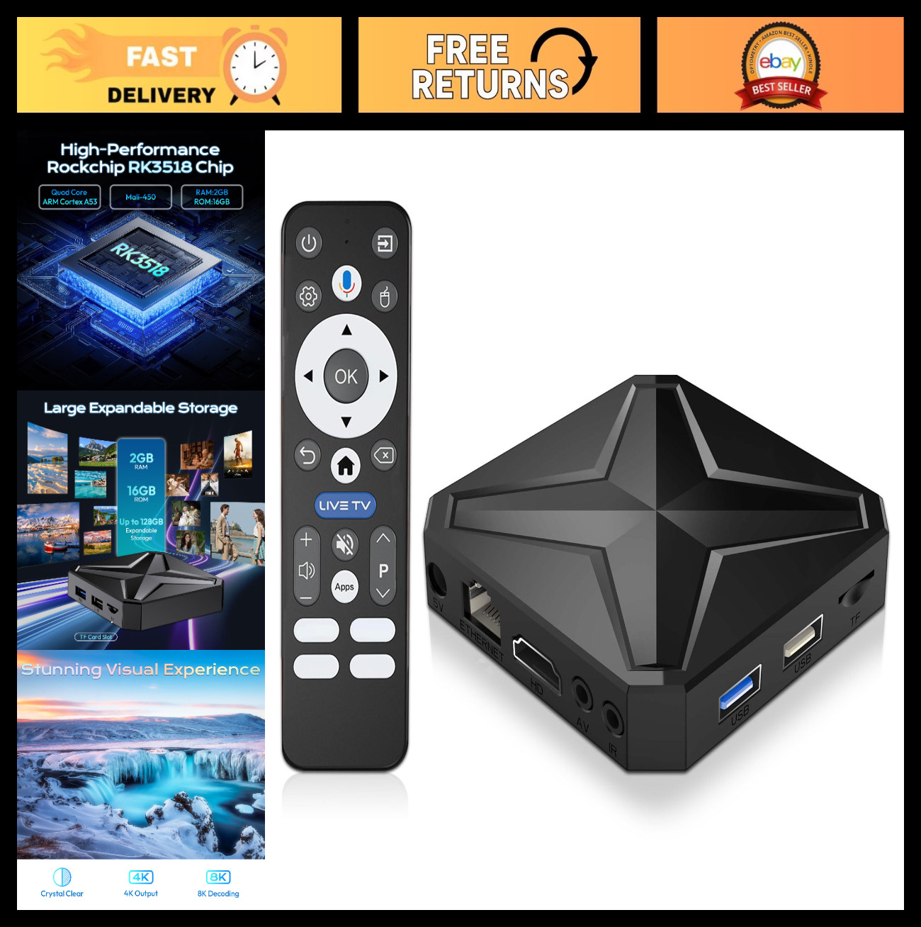4K 8K Android TV Box, Smart Streaming Device, WiFi 6, Dual-Band, 2GB RAM, 16GB S