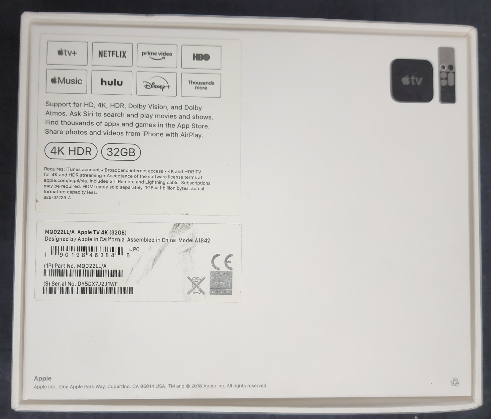 Apple TV 4K 32GB A1842 MQD22LL/A 8K UHD HDMI SIRI Remote Lightning&PowerCable