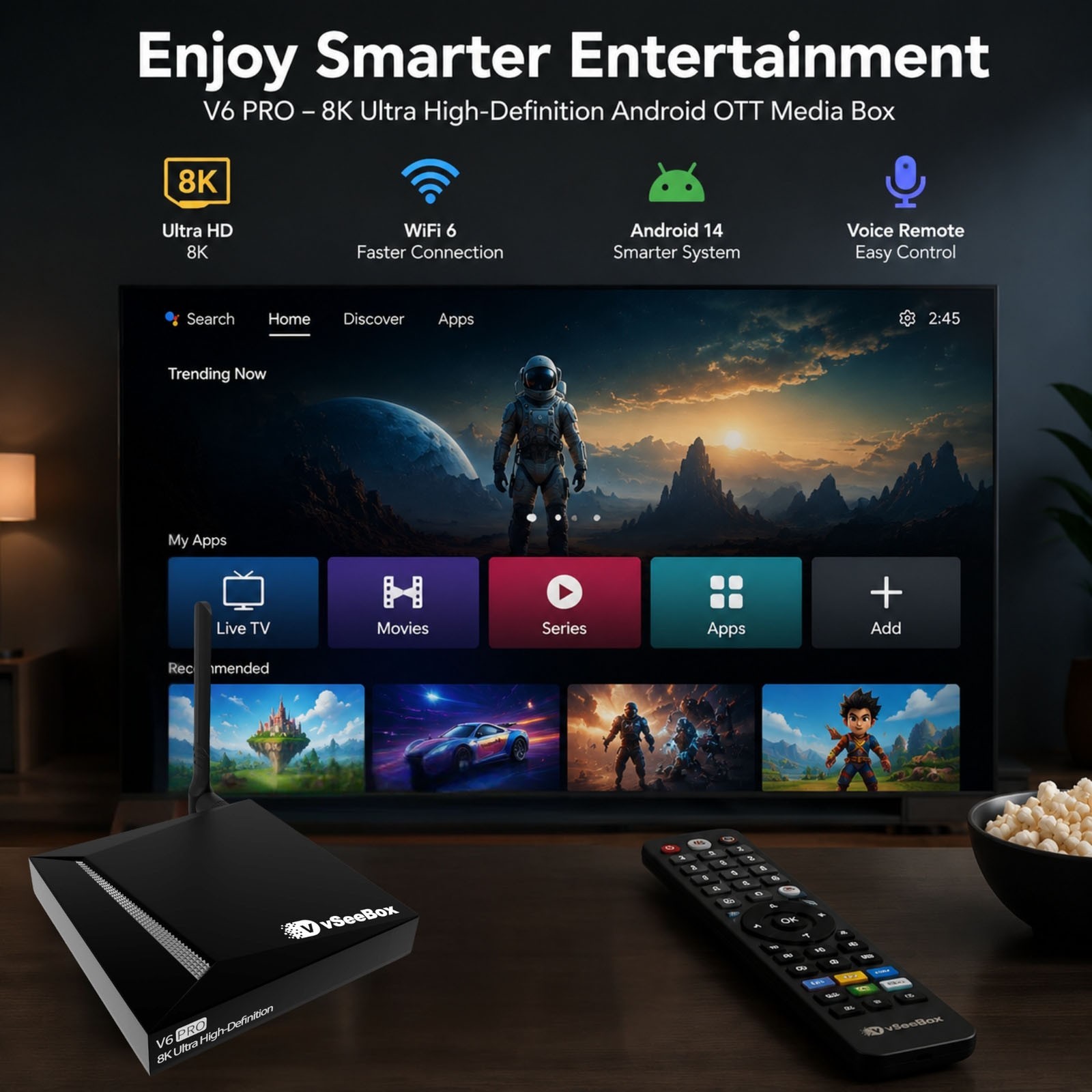 vSeeBox V6 Pro Android 14 Device with 4GB+32GB, Dual-Band WiFi, Bluetooth Remote