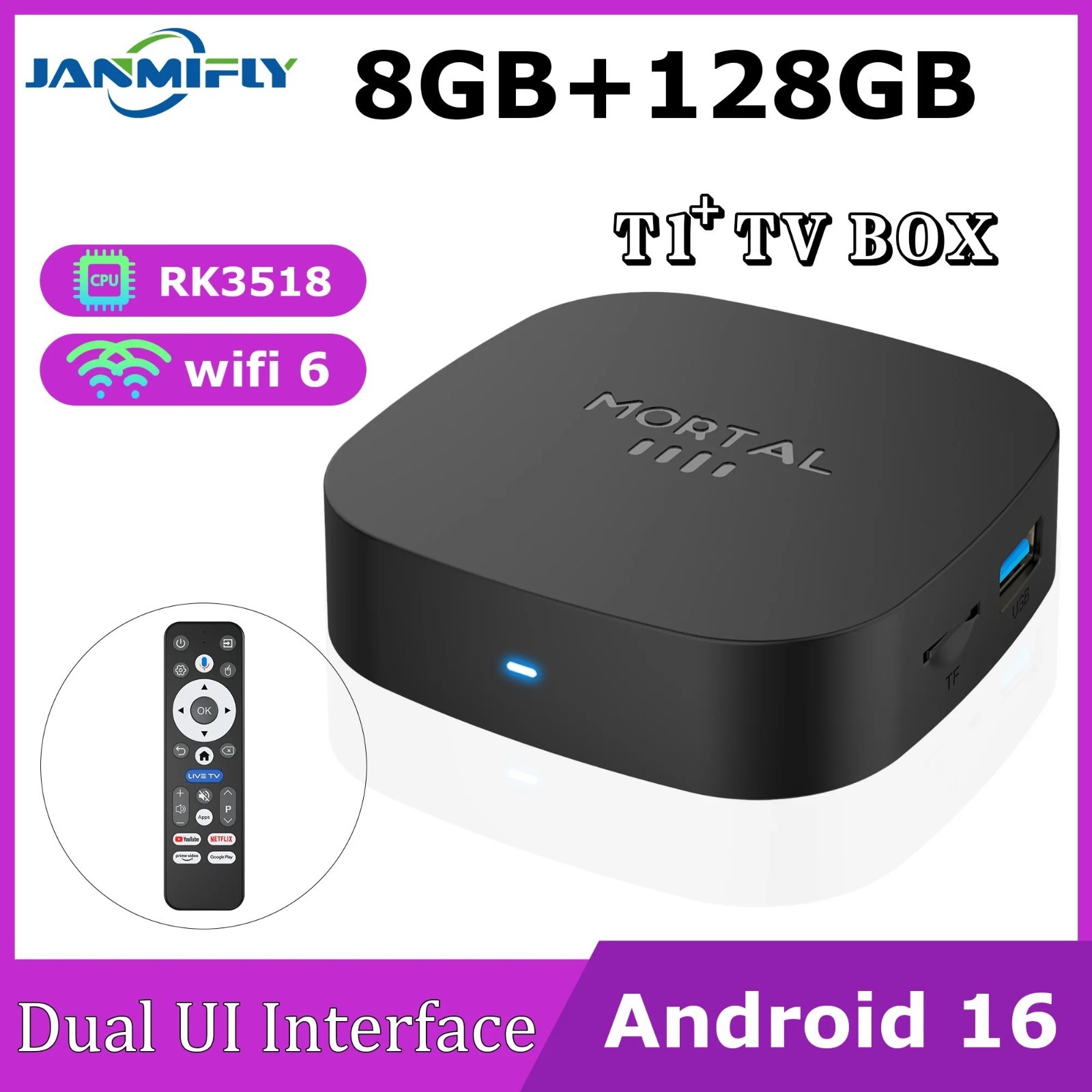 2025 New T1+ 8K HD TV Box Android 16.0 RK3518 Quad Core 8GB RAM 128GB ROM Dual W