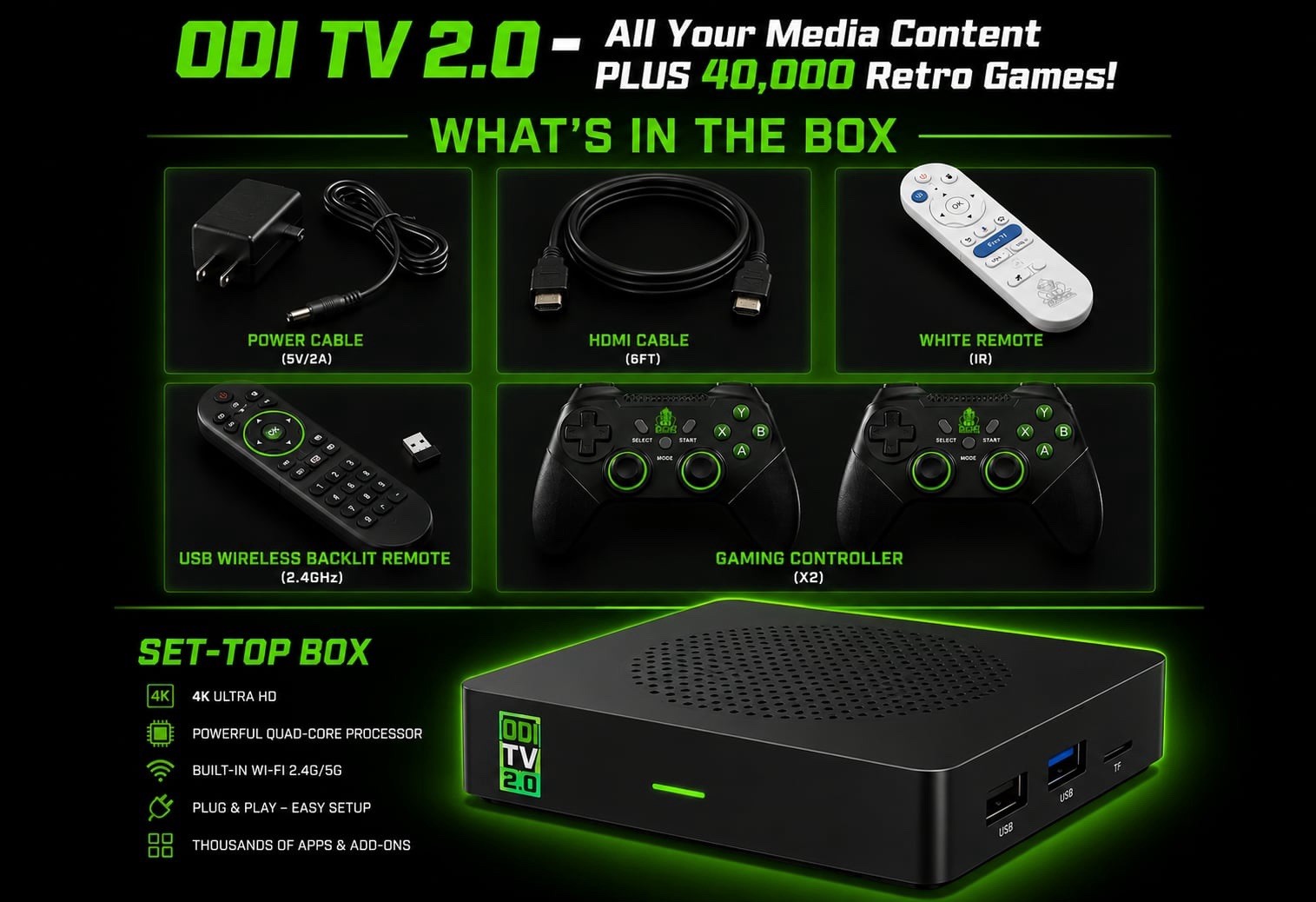 ODI ODI TV 2.0 4K Quad Core Wi-Fi HDMI/USB Media Streaming Box Black/Green