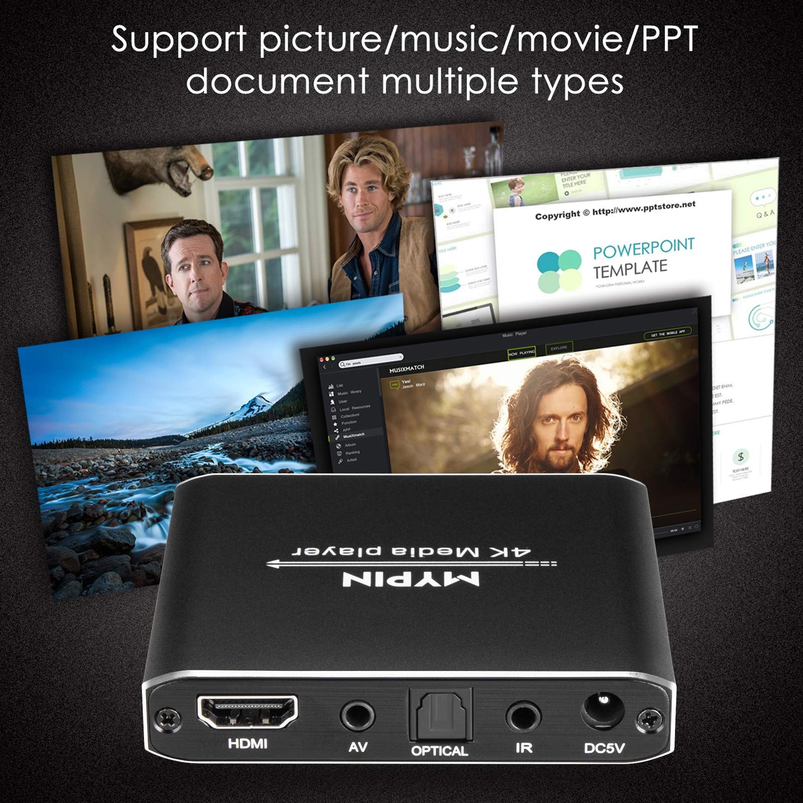 4K Media Player for 8TB HDD/USB/TF Card, Supports HDMI, AV, Optical Out