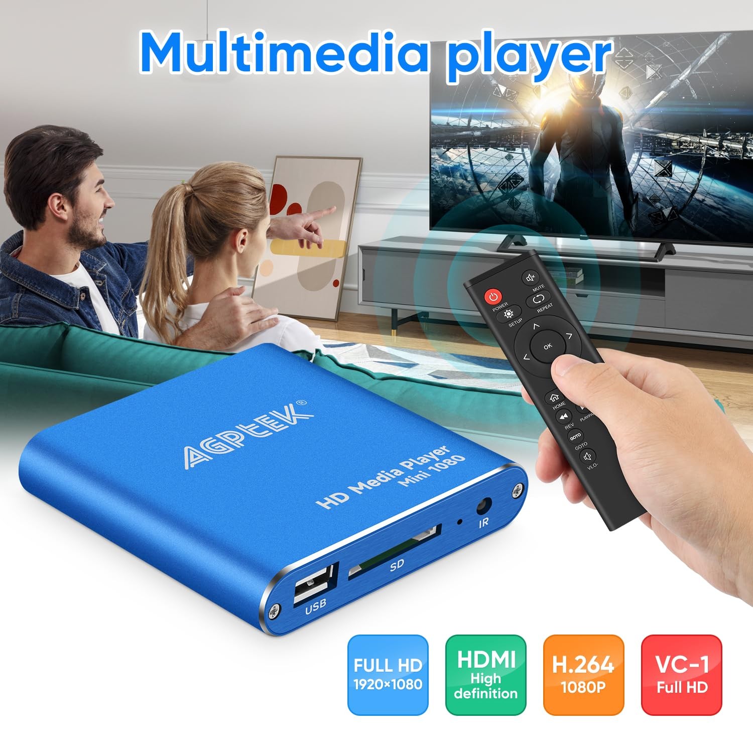 HDMI Media Player, Blue Mini 1080p Full-HD Ultra HDMI MP4 Player for -MKV/RM/…