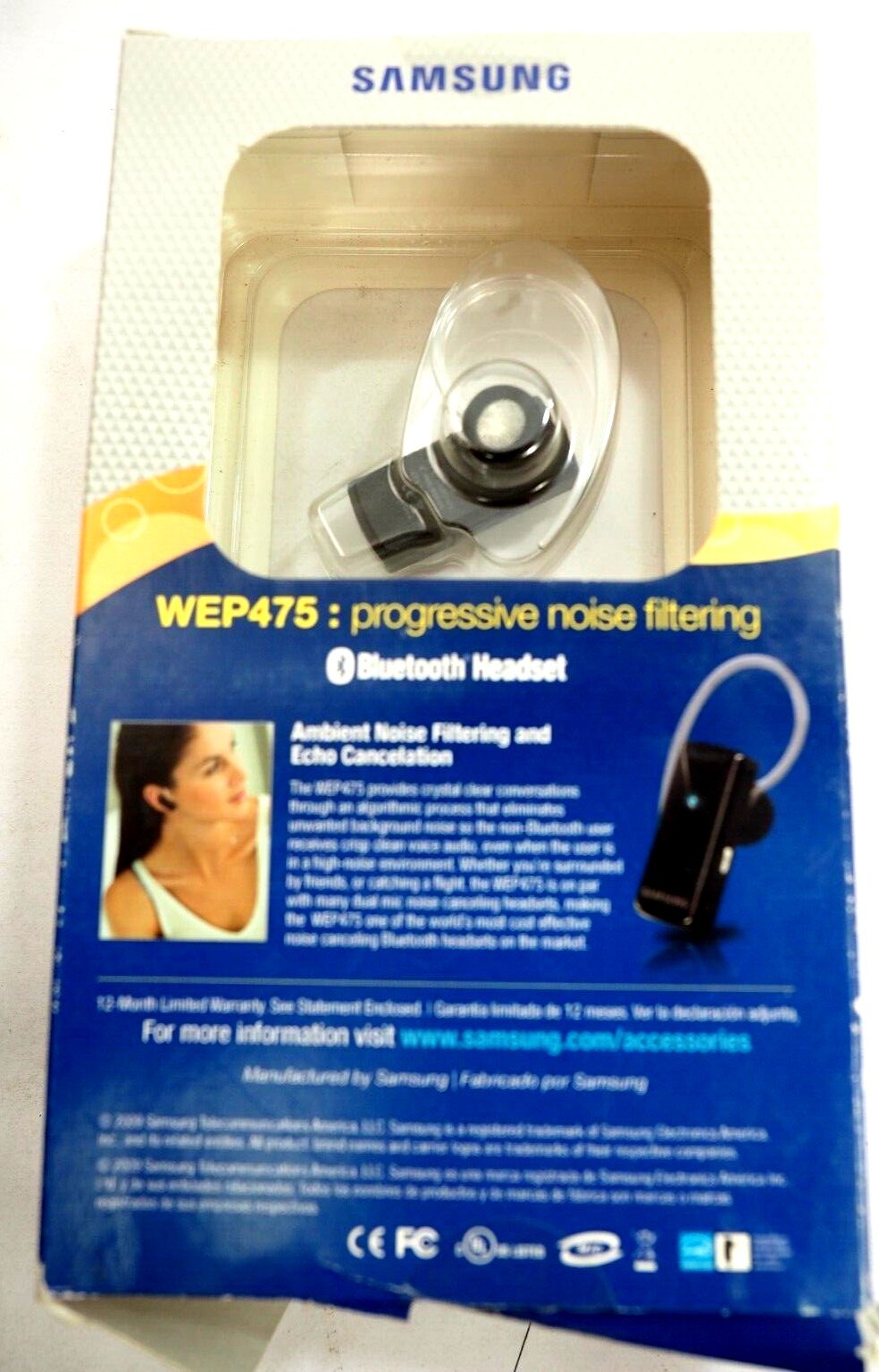 Samsung WEP475 Progressive Noise Filtering Bluetooth Headset New Sealed Box