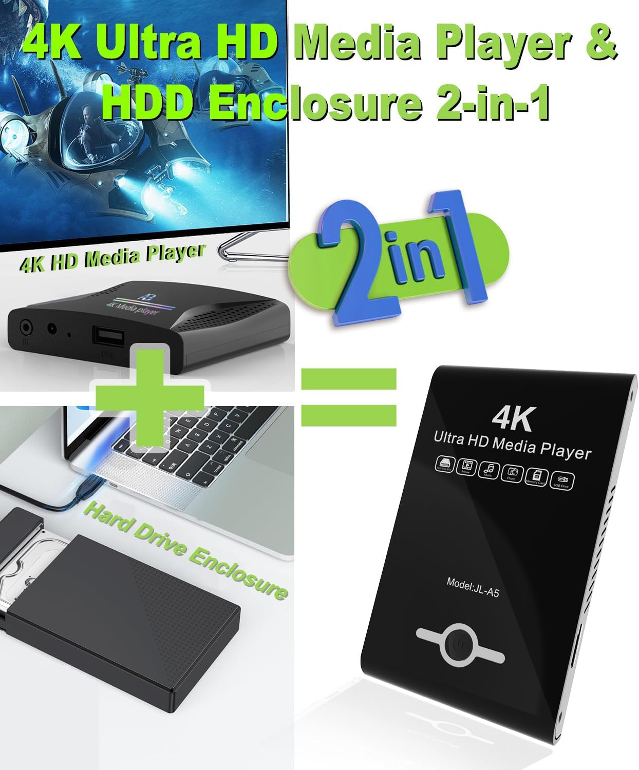 4K Ultra HD Media Player 2-In-1 HDD Enclosure for USB Drives and Microsd Cards-