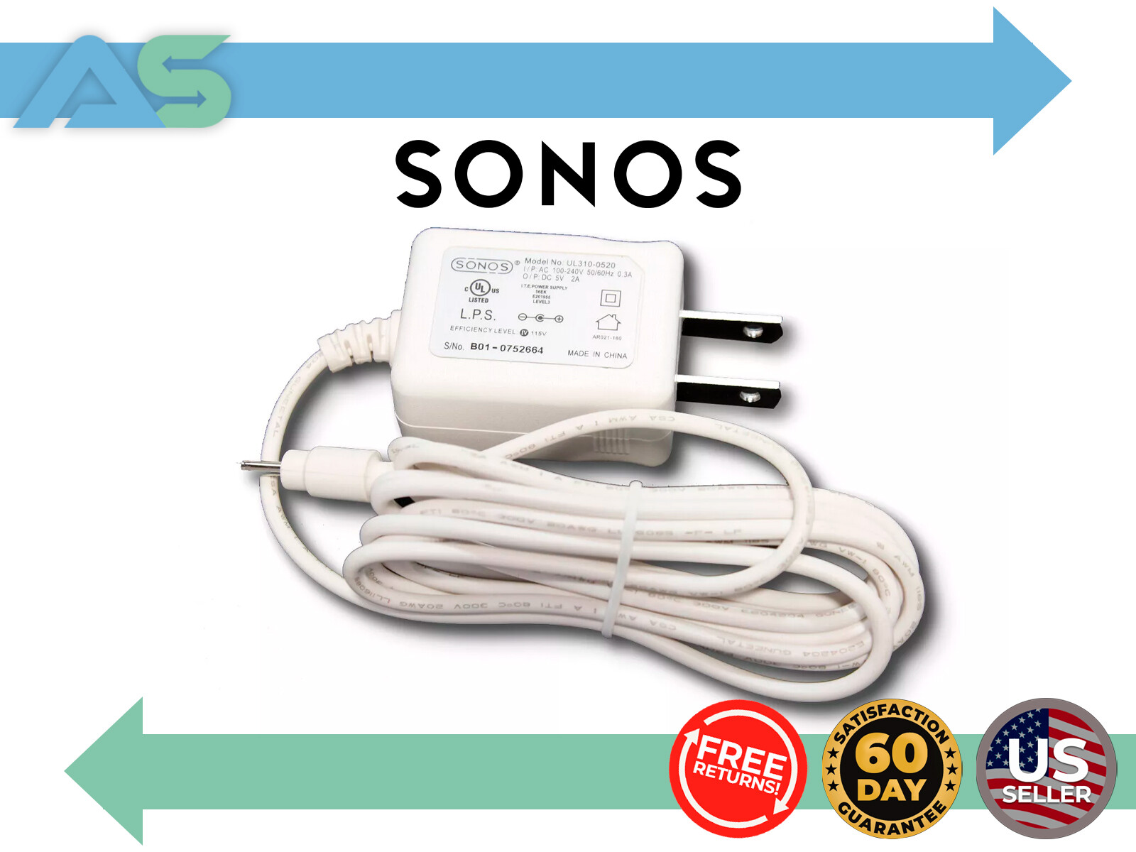 Genuine Sonos Model UL310-0520 Bridge Power Cord Adapter Supply Cable 5V 2A