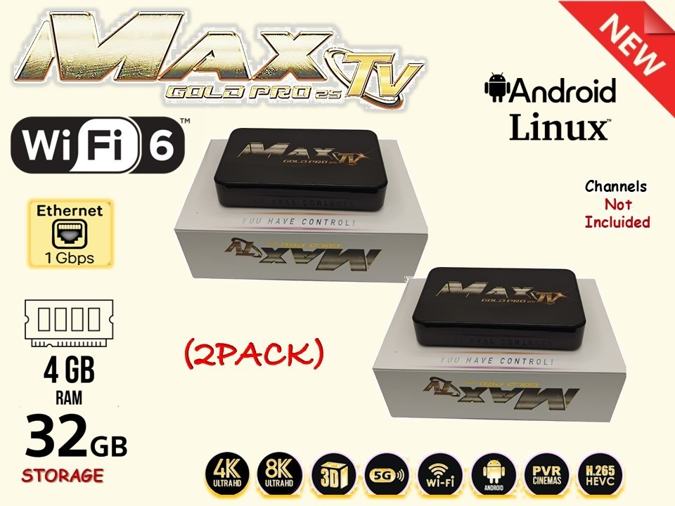 2-Pack MAXTV GOLD PRO 5G 4K Ultra-HD Box + ANDROID 9.1 (2023) UPDATED, POWERFUL