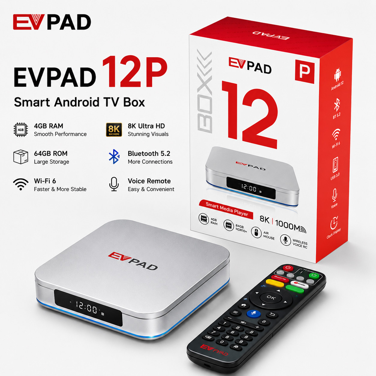 EVPAD 12P TV Box | Android 12 | WiFi 6 | 8K | 4GB RAM | 64GB ROM | New