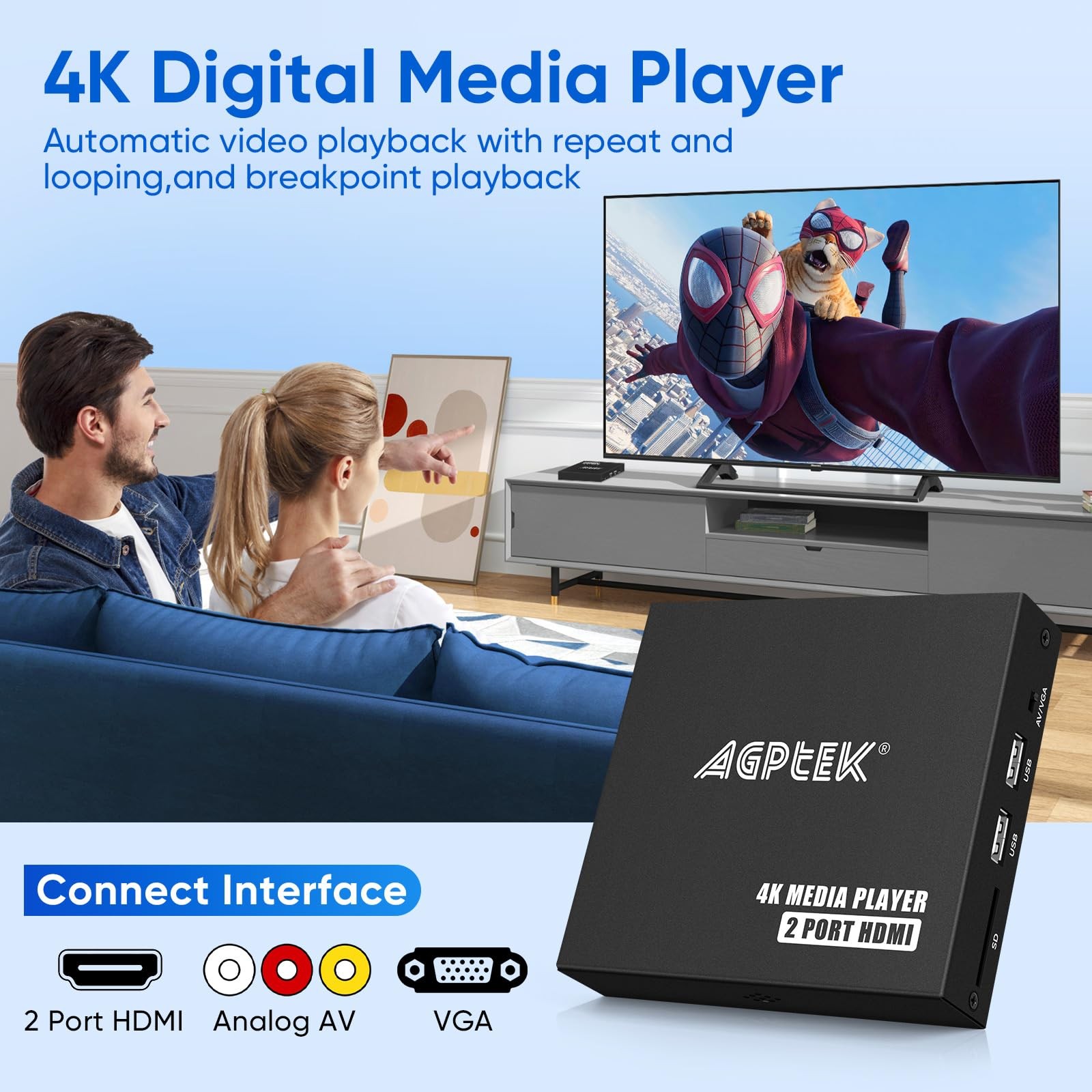 4K30Hz Media Player with Dual HDMI, AV/VGA Output, 4K HDMI Splitter, Digital …