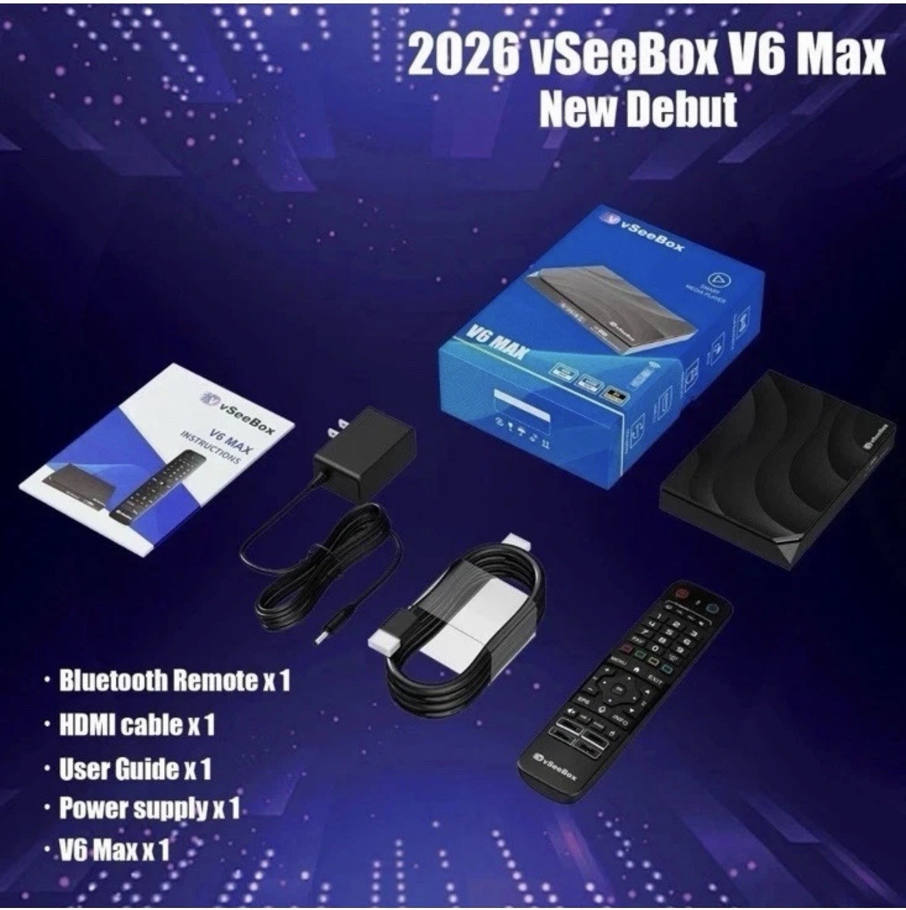 vSeeBox V6 Max 8K Media Streamer Box, Wi-Fi, Bluetooth Remote, HDMI, 2026