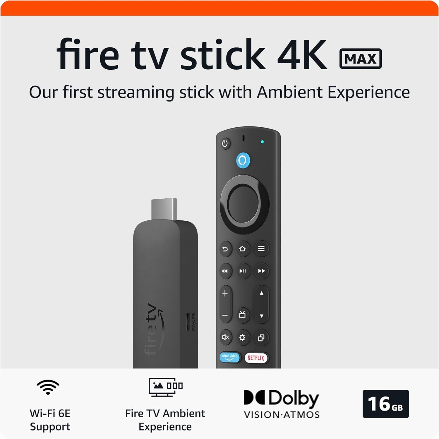 Amazon Fire TV Stick 4K Max streaming device, supports Wi-Fi 6E, free & live TV