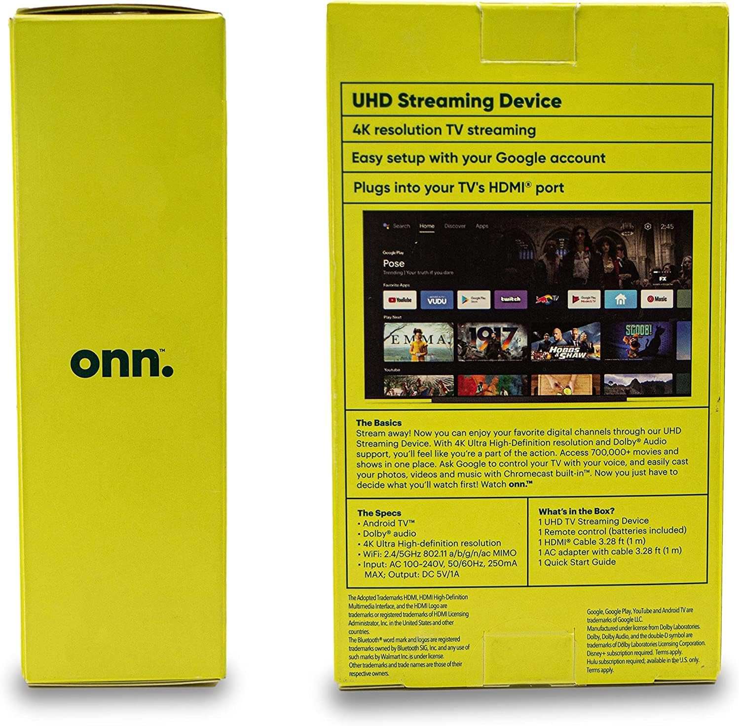 ONN Android TV 4K UHD Streaming Device with Voice Remote Control Google Assistan