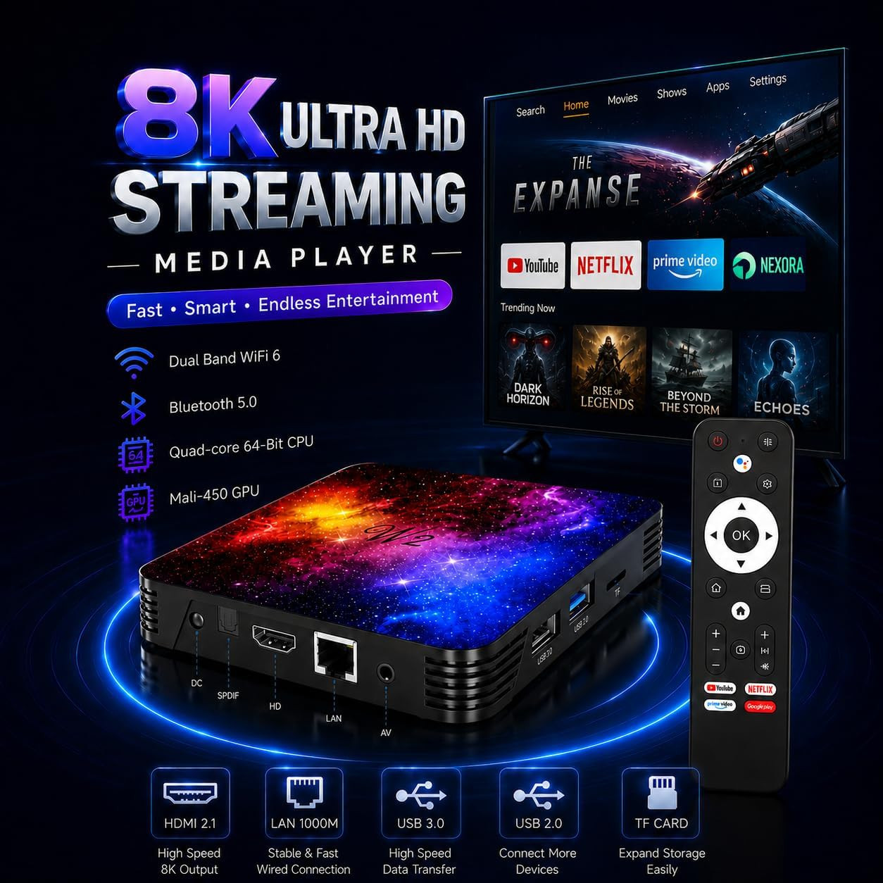 2026 Android TV Box, 4GB RAM 128GB ROM, 8K HDR Android Streaming Box, Wifi 6 Dua