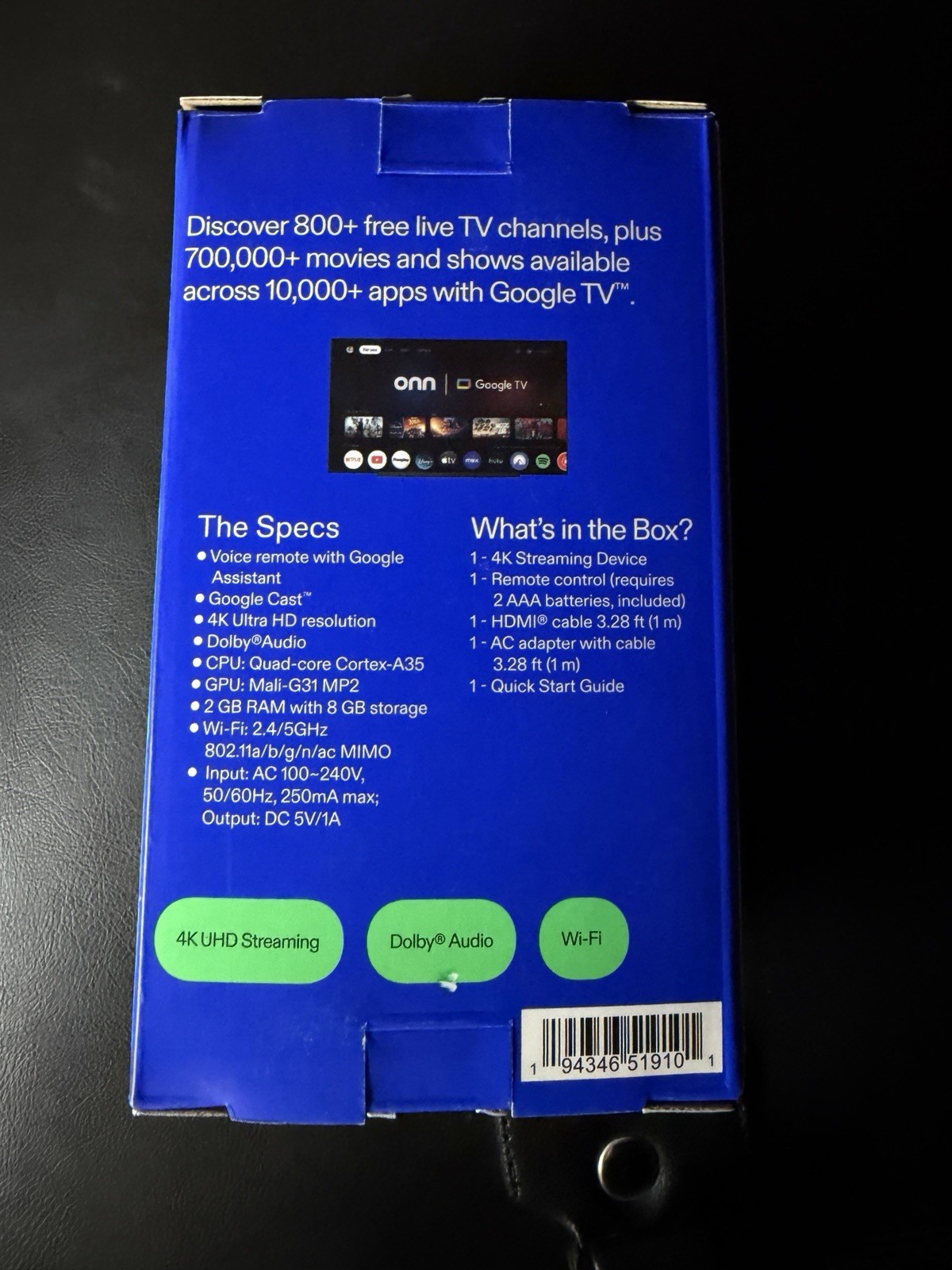 onn 4K Streaming Device, Google TV – Fast Streaming, Ultra HD, 8GB Storage, 2GB