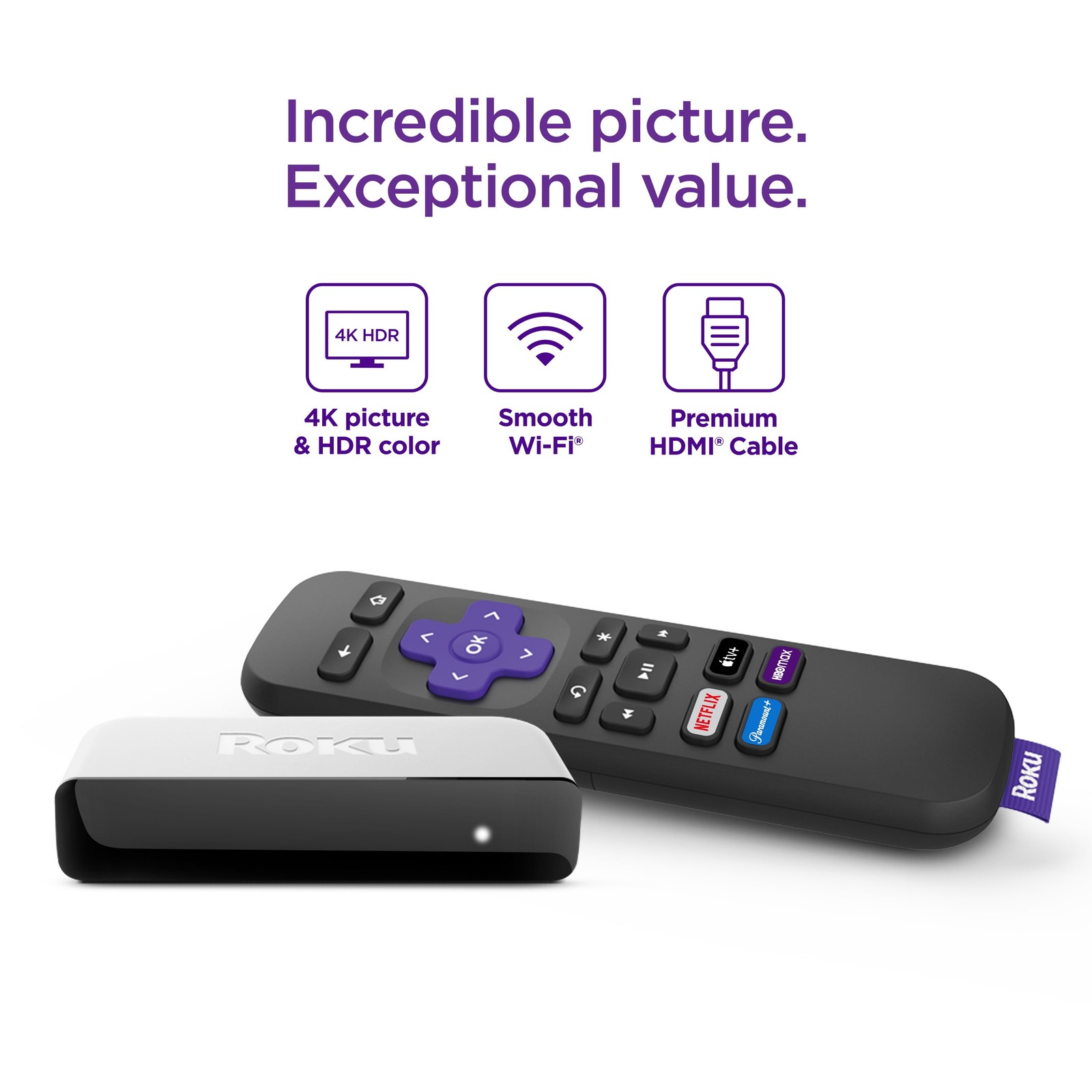 Roku Premiere 4K HDR Streaming Media Player with HDMI Cable & Remote