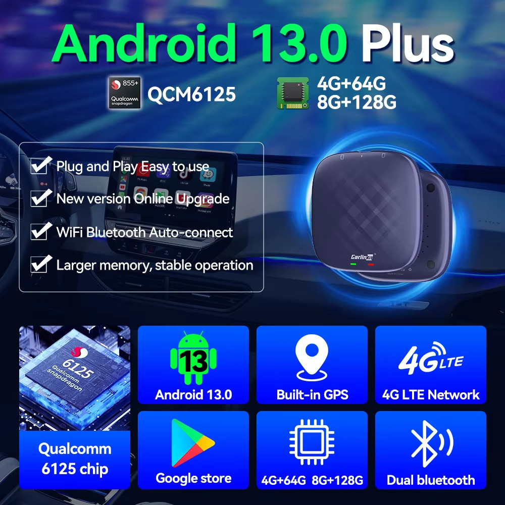 Wireless CarPlay & Android Auto Adapter for Android 13 with WiFi & Bluetooth