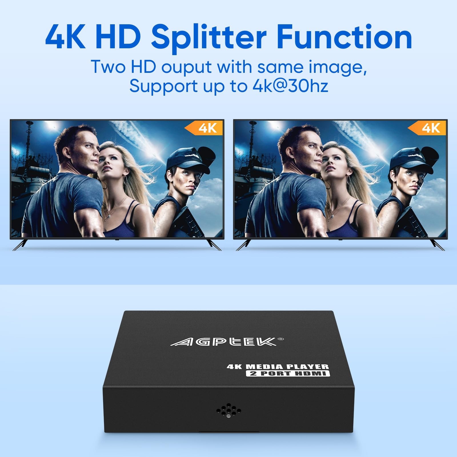 4K30hz HDMI TV Media Player with Dual HDMI, AV/VGA Output, 4K Splitter Functi…