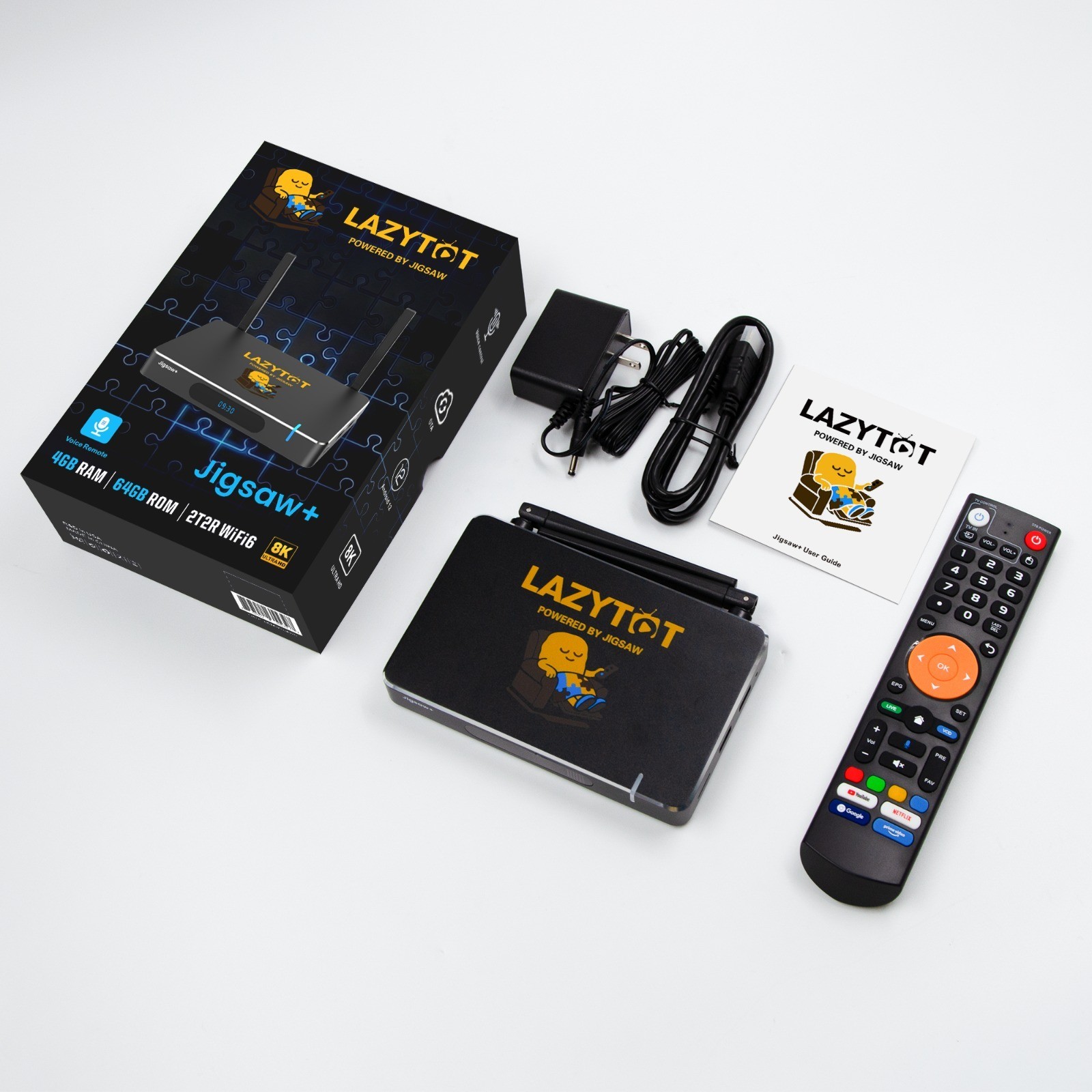 LAZYTOT Jigsaw+ Android TV Box 64GB/4GB 4K Wi-Fi Ethernet BT Voice Remote