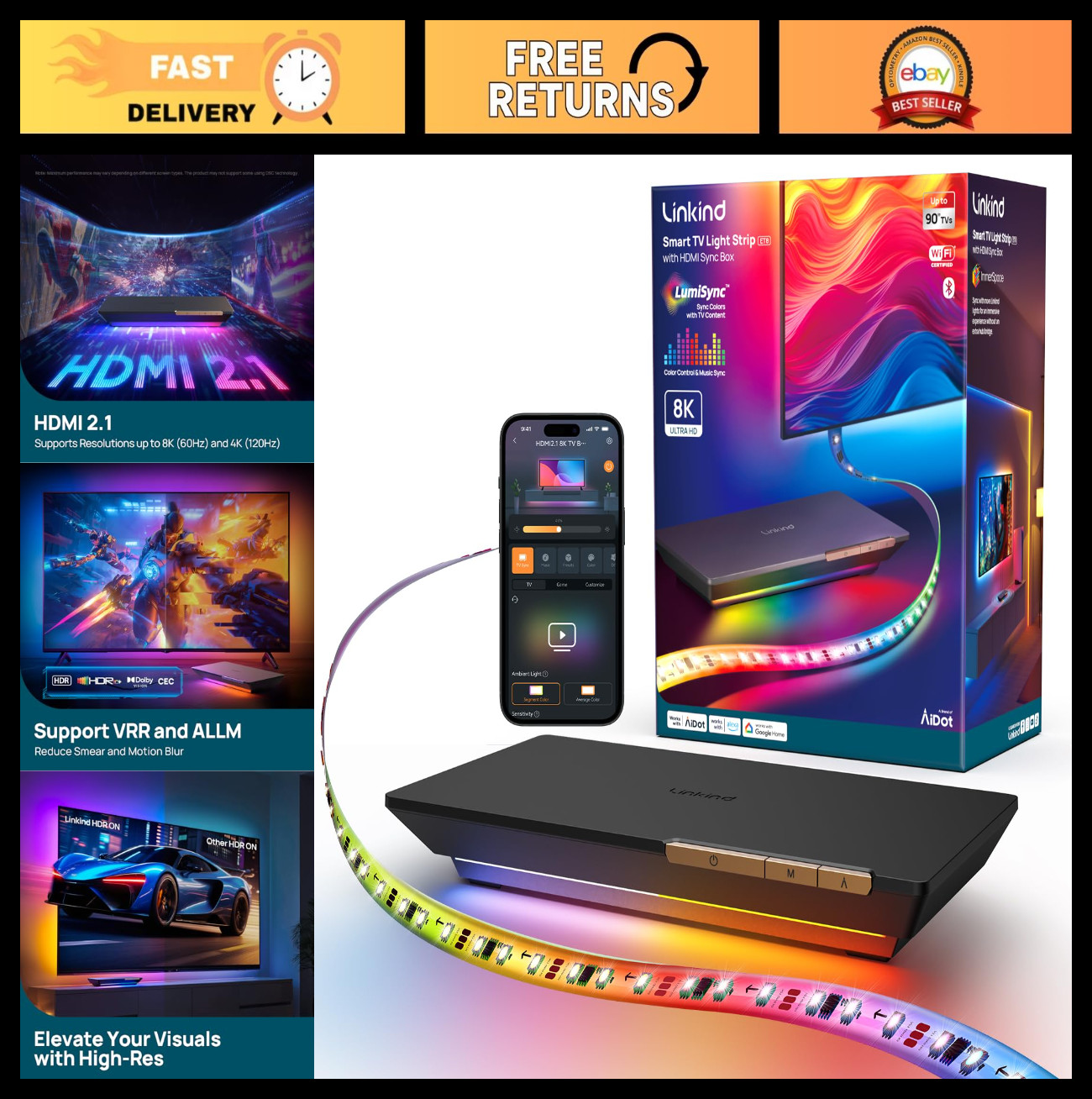 8K HDMI Sync Box with AI LumiSync, Cuttable LED Backlights for 27-90 inch TVs